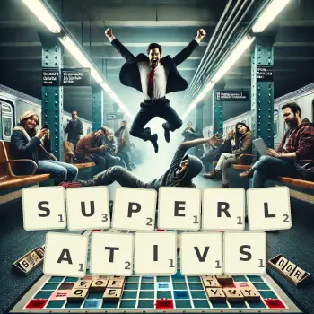 Kreative Illustration für ein Scrabble-Spiel, bei dem das Wort SUPERLATIVS mit Steinen auf dem Brett gelegt wurde.