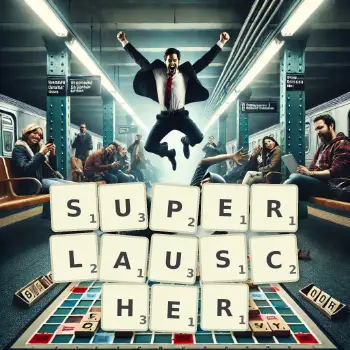 Kreative Illustration für ein Scrabble-Spiel, bei dem das Wort SUPERLAUSCHER mit Steinen auf dem Brett gelegt wurde.