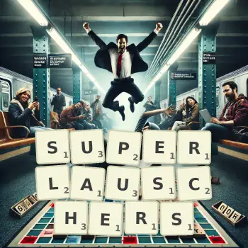 Kreative Illustration für ein Scrabble-Spiel, bei dem das Wort SUPERLAUSCHERS mit Steinen auf dem Brett gelegt wurde.