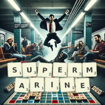 Kreative Illustration für ein Scrabble-Spiel, bei dem das Wort SUPERMARINE mit Steinen auf dem Brett gelegt wurde.