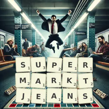 Kreative Illustration für ein Scrabble-Spiel, bei dem das Wort SUPERMARKTJEANS mit Steinen auf dem Brett gelegt wurde.