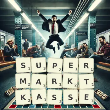 Kreative Illustration für ein Scrabble-Spiel, bei dem das Wort SUPERMARKTKASSE mit Steinen auf dem Brett gelegt wurde.