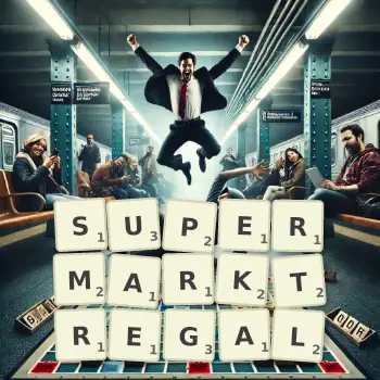 Kreative Illustration für ein Scrabble-Spiel, bei dem das Wort SUPERMARKTREGAL mit Steinen auf dem Brett gelegt wurde.