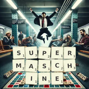 Kreative Illustration für ein Scrabble-Spiel, bei dem das Wort SUPERMASCHINE mit Steinen auf dem Brett gelegt wurde.