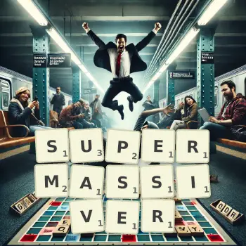 Kreative Illustration für ein Scrabble-Spiel, bei dem das Wort SUPERMASSIVER mit Steinen auf dem Brett gelegt wurde.