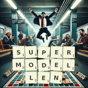 Kreative Illustration für ein Scrabble-Spiel, bei dem das Wort SUPERMODELLEN mit Steinen auf dem Brett gelegt wurde.