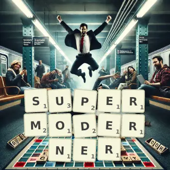 Kreative Illustration für ein Scrabble-Spiel, bei dem das Wort SUPERMODERNER mit Steinen auf dem Brett gelegt wurde.