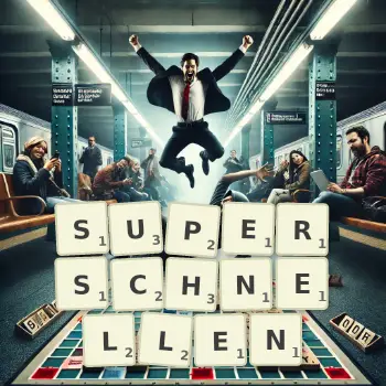 Kreative Illustration für ein Scrabble-Spiel, bei dem das Wort SUPERSCHNELLEN mit Steinen auf dem Brett gelegt wurde.