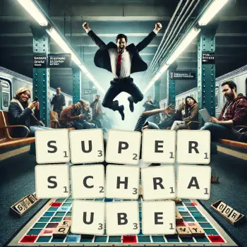 Kreative Illustration für ein Scrabble-Spiel, bei dem das Wort SUPERSCHRAUBE mit Steinen auf dem Brett gelegt wurde.