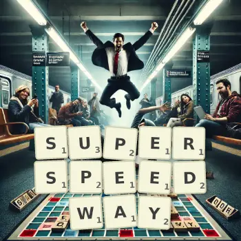 Kreative Illustration für ein Scrabble-Spiel, bei dem das Wort SUPERSPEEDWAY mit Steinen auf dem Brett gelegt wurde.