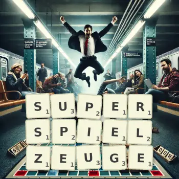 Kreative Illustration für ein Scrabble-Spiel, bei dem das Wort SUPERSPIELZEUGE mit Steinen auf dem Brett gelegt wurde.