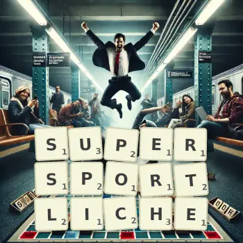 Kreative Illustration für ein Scrabble-Spiel, bei dem das Wort SUPERSPORTLICHE mit Steinen auf dem Brett gelegt wurde.