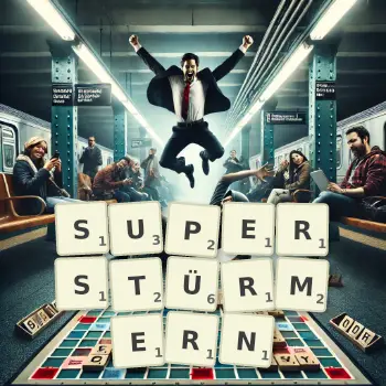 Kreative Illustration für ein Scrabble-Spiel, bei dem das Wort SUPERSTÜRMERN mit Steinen auf dem Brett gelegt wurde.