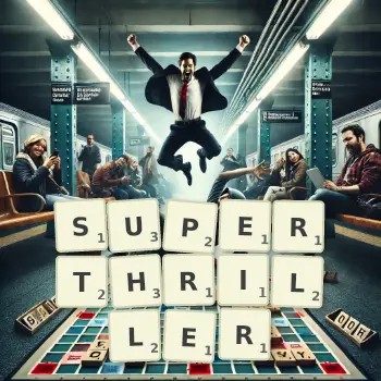 Kreative Illustration für ein Scrabble-Spiel, bei dem das Wort SUPERTHRILLER mit Steinen auf dem Brett gelegt wurde.