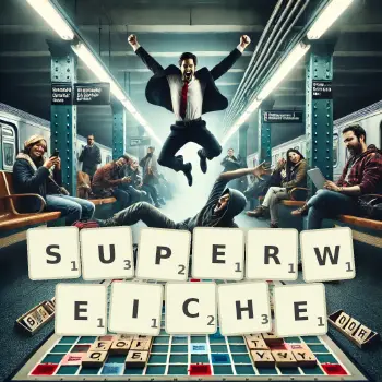 Kreative Illustration für ein Scrabble-Spiel, bei dem das Wort SUPERWEICHE mit Steinen auf dem Brett gelegt wurde.