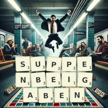 Kreative Illustration für ein Scrabble-Spiel, bei dem das Wort SUPPENBEIGABEN mit Steinen auf dem Brett gelegt wurde.