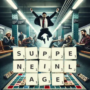 Kreative Illustration für ein Scrabble-Spiel, bei dem das Wort SUPPENEINLAGE mit Steinen auf dem Brett gelegt wurde.