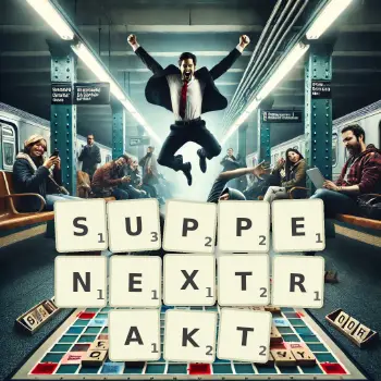 Kreative Illustration für ein Scrabble-Spiel, bei dem das Wort SUPPENEXTRAKT mit Steinen auf dem Brett gelegt wurde.