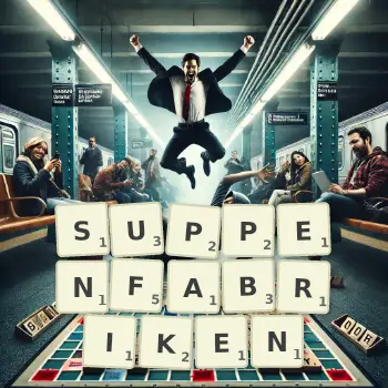 Kreative Illustration für ein Scrabble-Spiel, bei dem das Wort SUPPENFABRIKEN mit Steinen auf dem Brett gelegt wurde.
