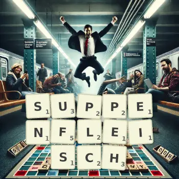 Kreative Illustration für ein Scrabble-Spiel, bei dem das Wort SUPPENFLEISCH mit Steinen auf dem Brett gelegt wurde.