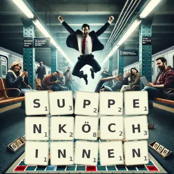 Kreative Illustration für ein Scrabble-Spiel, bei dem das Wort SUPPENKÖCHINNEN mit Steinen auf dem Brett gelegt wurde.