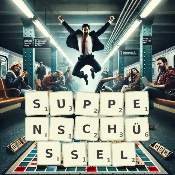 Kreative Illustration für ein Scrabble-Spiel, bei dem das Wort SUPPENSCHÜSSEL mit Steinen auf dem Brett gelegt wurde.