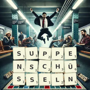 Kreative Illustration für ein Scrabble-Spiel, bei dem das Wort SUPPENSCHÜSSELN mit Steinen auf dem Brett gelegt wurde.