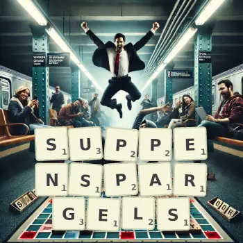 Kreative Illustration für ein Scrabble-Spiel, bei dem das Wort SUPPENSPARGELS mit Steinen auf dem Brett gelegt wurde.