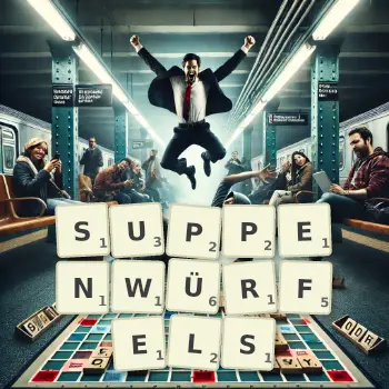 Kreative Illustration für ein Scrabble-Spiel, bei dem das Wort SUPPENWÜRFELS mit Steinen auf dem Brett gelegt wurde.