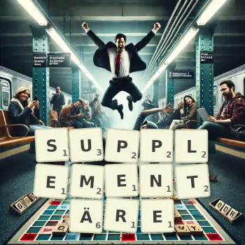 Kreative Illustration für ein Scrabble-Spiel, bei dem das Wort SUPPLEMENTÄRE mit Steinen auf dem Brett gelegt wurde.
