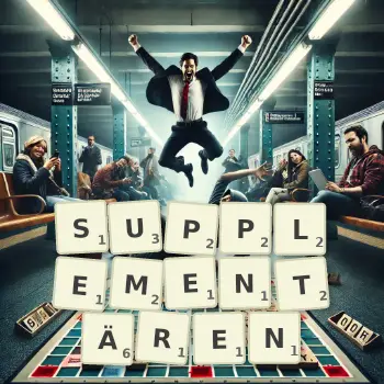 Kreative Illustration für ein Scrabble-Spiel, bei dem das Wort SUPPLEMENTÄREN mit Steinen auf dem Brett gelegt wurde.