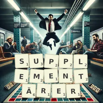 Kreative Illustration für ein Scrabble-Spiel, bei dem das Wort SUPPLEMENTÄRER mit Steinen auf dem Brett gelegt wurde.