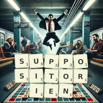 Kreative Illustration für ein Scrabble-Spiel, bei dem das Wort SUPPOSITORIEN mit Steinen auf dem Brett gelegt wurde.