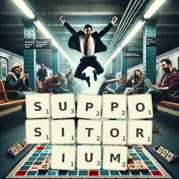 Kreative Illustration für ein Scrabble-Spiel, bei dem das Wort SUPPOSITORIUM mit Steinen auf dem Brett gelegt wurde.