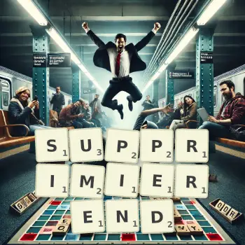 Kreative Illustration für ein Scrabble-Spiel, bei dem das Wort SUPPRIMIEREND mit Steinen auf dem Brett gelegt wurde.