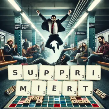 Kreative Illustration für ein Scrabble-Spiel, bei dem das Wort SUPPRIMIERT mit Steinen auf dem Brett gelegt wurde.