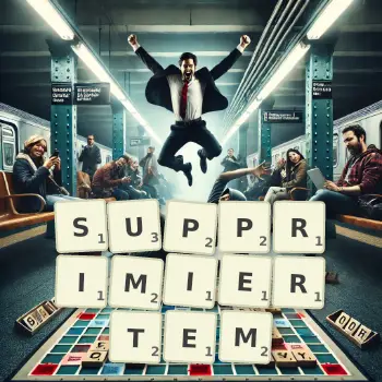 Kreative Illustration für ein Scrabble-Spiel, bei dem das Wort SUPPRIMIERTEM mit Steinen auf dem Brett gelegt wurde.