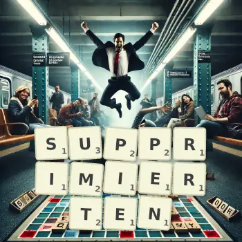 Kreative Illustration für ein Scrabble-Spiel, bei dem das Wort SUPPRIMIERTEN mit Steinen auf dem Brett gelegt wurde.