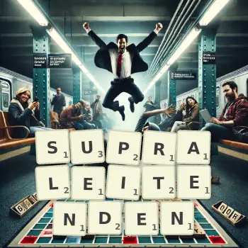 Kreative Illustration für ein Scrabble-Spiel, bei dem das Wort SUPRALEITENDEN mit Steinen auf dem Brett gelegt wurde.