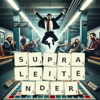 Kreative Illustration für ein Scrabble-Spiel, bei dem das Wort SUPRALEITENDER mit Steinen auf dem Brett gelegt wurde.