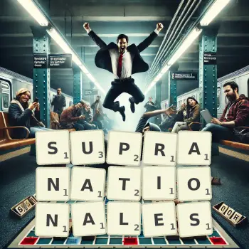 Kreative Illustration für ein Scrabble-Spiel, bei dem das Wort SUPRANATIONALES mit Steinen auf dem Brett gelegt wurde.
