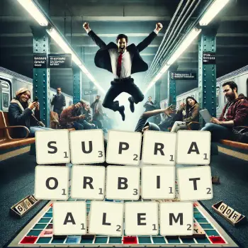 Kreative Illustration für ein Scrabble-Spiel, bei dem das Wort SUPRAORBITALEM mit Steinen auf dem Brett gelegt wurde.