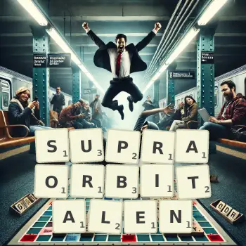 Kreative Illustration für ein Scrabble-Spiel, bei dem das Wort SUPRAORBITALEN mit Steinen auf dem Brett gelegt wurde.