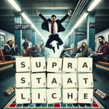 Kreative Illustration für ein Scrabble-Spiel, bei dem das Wort SUPRASTAATLICHE mit Steinen auf dem Brett gelegt wurde.