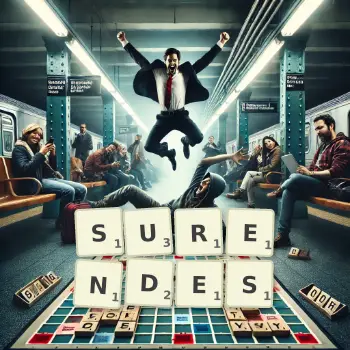 Kreative Illustration für ein Scrabble-Spiel, bei dem das Wort SURENDES mit Steinen auf dem Brett gelegt wurde.