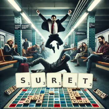 Kreative Illustration für ein Scrabble-Spiel, bei dem das Wort SURET mit Steinen auf dem Brett gelegt wurde.