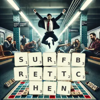 Kreative Illustration für ein Scrabble-Spiel, bei dem das Wort SURFBRETTCHEN mit Steinen auf dem Brett gelegt wurde.