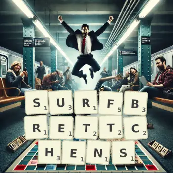 Kreative Illustration für ein Scrabble-Spiel, bei dem das Wort SURFBRETTCHENS mit Steinen auf dem Brett gelegt wurde.