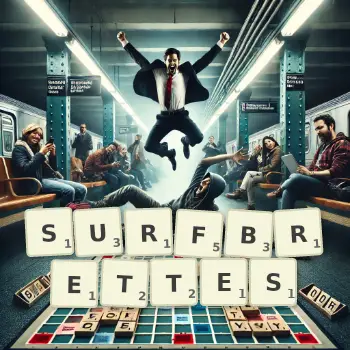 Kreative Illustration für ein Scrabble-Spiel, bei dem das Wort SURFBRETTES mit Steinen auf dem Brett gelegt wurde.