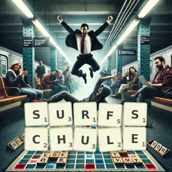 Kreative Illustration für ein Scrabble-Spiel, bei dem das Wort SURFSCHULE mit Steinen auf dem Brett gelegt wurde.